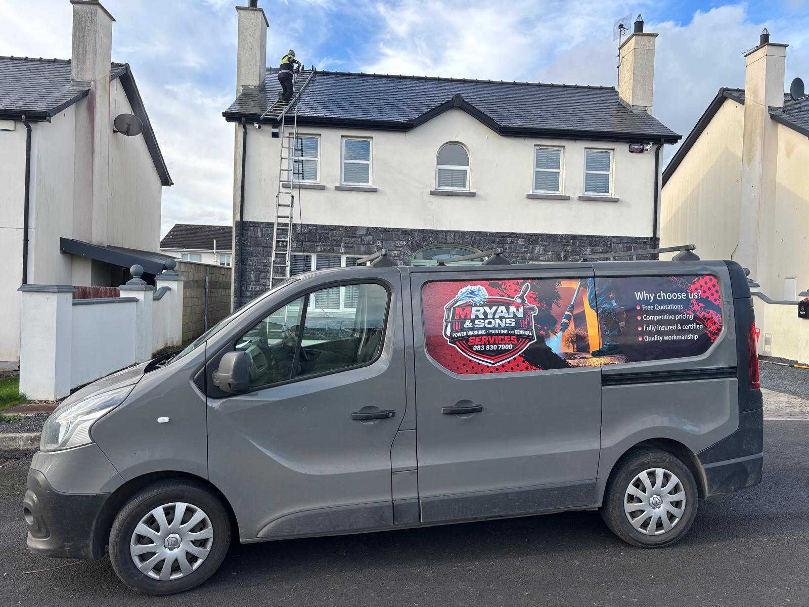 M. Ryan and Sons power washing van at a roof cleaning job in County Limerick